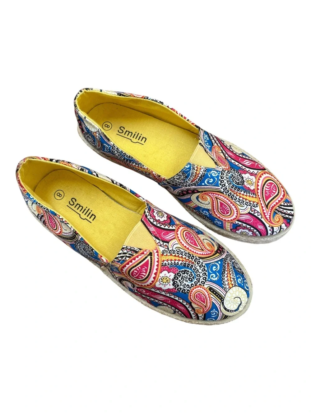 WOMENS BRIGHT, COLORFUL PAISLEY ESPADRILLES BY SMILIN SIZE 8 EASY SLIP ON